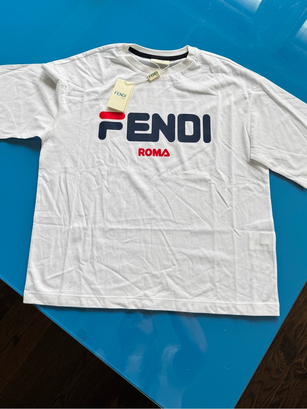 Fendi White Short-Sleeve Logo Tee with Navy and Red Print